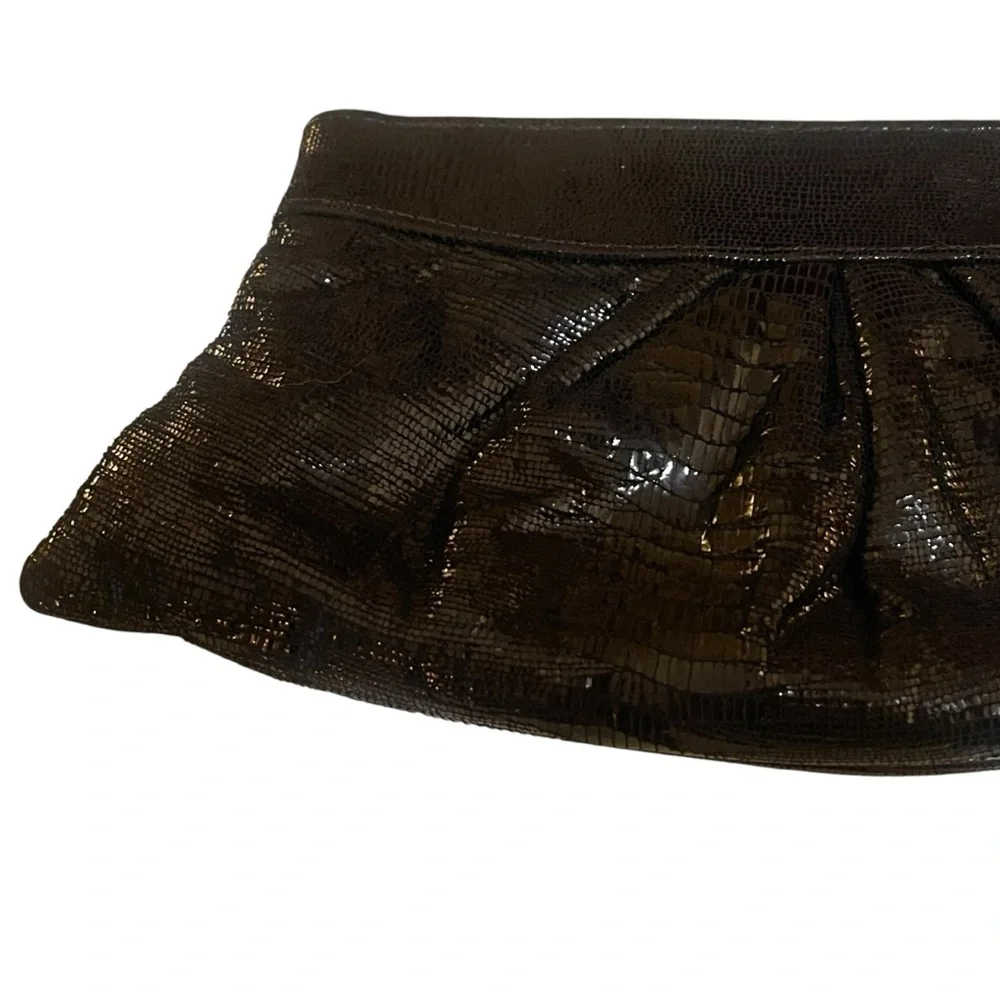 Lauren Merkin Black Shiny Faux Snakeskin Embossed Eve Leather Evening Clutch Bag